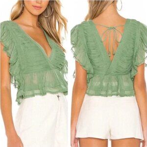 Tularosa Green Flutter Sleeve Ruffled Crop Top
